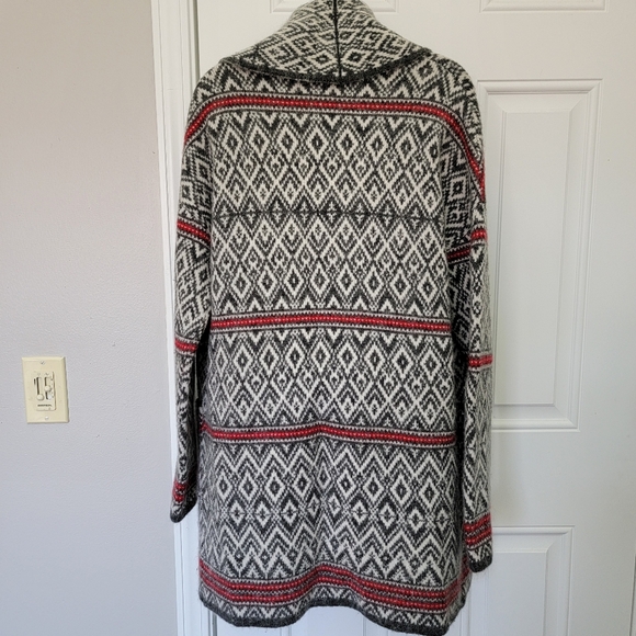Aspen Wool Blend Faire Isle Nordic Cardigan Sweater Shawl Collar Gray Red Sz M - Picture 5 of 9